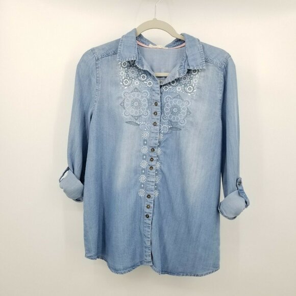 Hint Of Mint Chambray Button Down Front with Lace Inset Back Size M denim & Lace - Picture 7 of 12